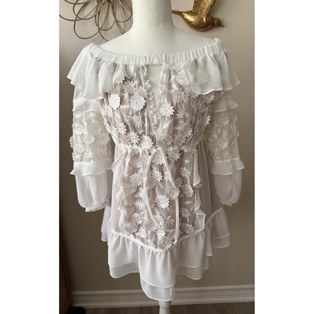 For‎ Love & Lemons Carolina Dress White Embroidered Off Shoulder Small Bridal